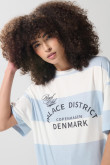 Camiseta college oversize crema con manga corta y franjas