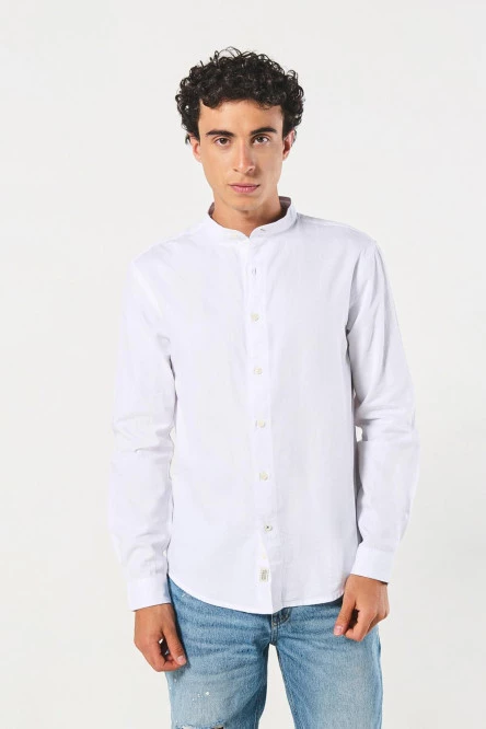 Camisa manga larga unicolor en algodón con cuello nerú