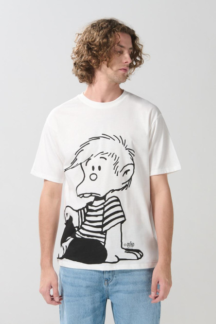 Camiseta crema clara cuello redondo con arte de Mafalda