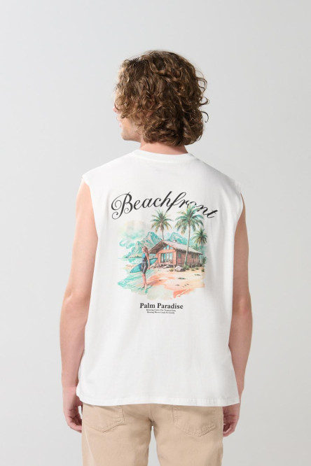 Camiseta manga sisa unicolor oversize con arte de playa