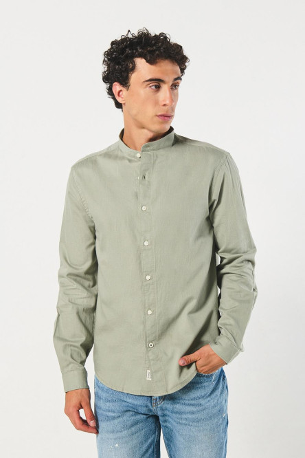 Camisa manga larga unicolor en algodón con cuello nerú