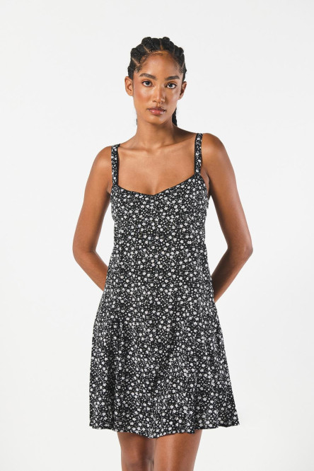 VESTIDO EN RAYON/ESTAMPADO CON TIRAS Y ENCAJE EN ESCOTE.