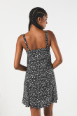 VESTIDO EN RAYON/ESTAMPADO CON TIRAS Y ENCAJE EN ESCOTE.