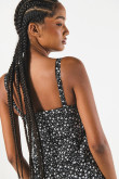 VESTIDO EN RAYON/ESTAMPADO CON TIRAS Y ENCAJE EN ESCOTE.