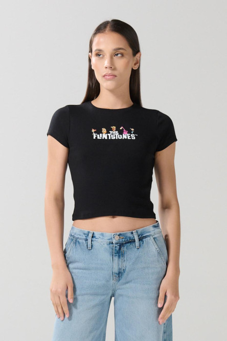 Camiseta en rib negra manga corta con arte de Los Picapiedra