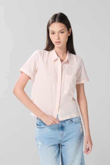 Blusa unicolor manga corta a rayas con bolsillo