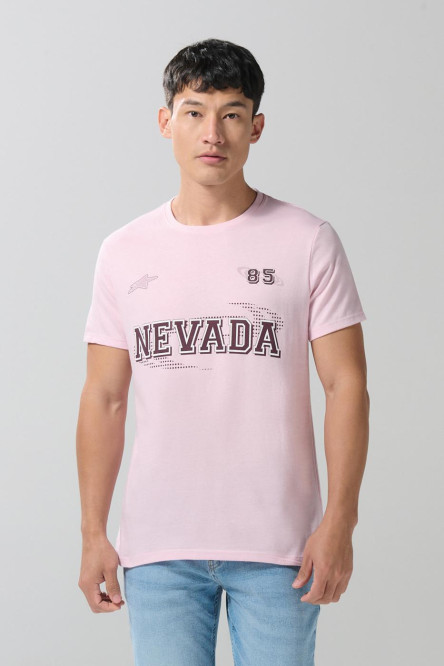 Camiseta rosada cuello redondo con texto college