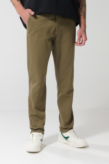 Pantalón slim unicolor en dril con bolsillos y tiro medio