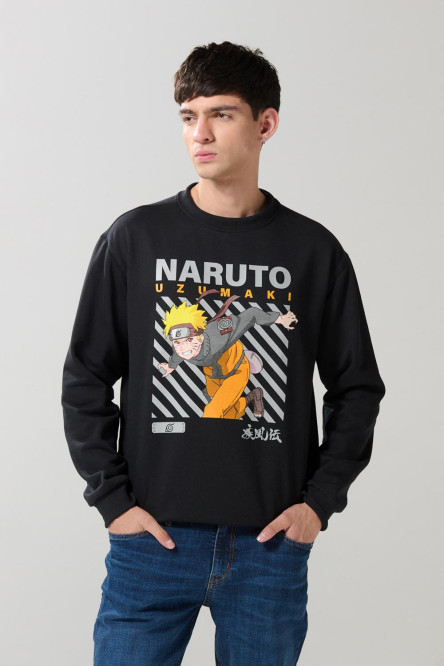 Buzo negro con cuello redondo y diseño de Naruto