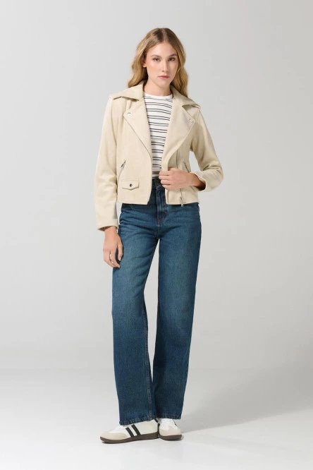 Chaqueta biker unicolor cremallera frontal y bolsillos