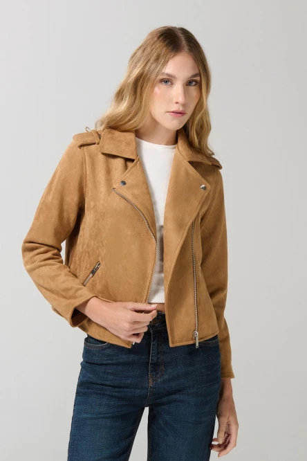 Chaqueta biker unicolor cremallera frontal y bolsillos