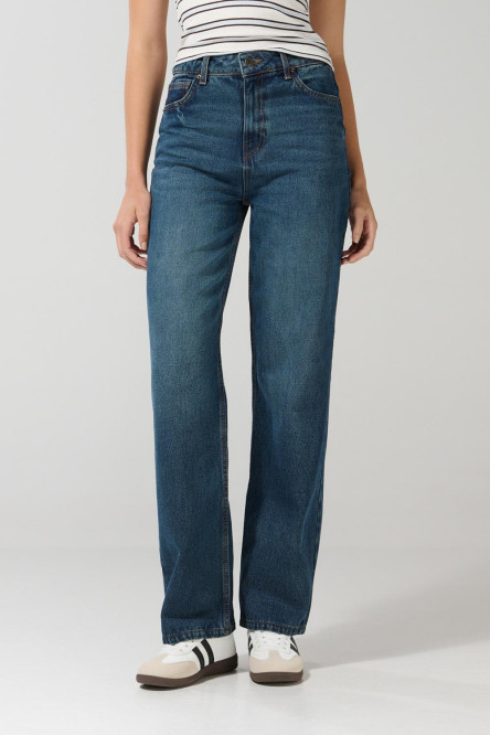 Jean 90´S azul oscuro con cremallera, tiro alto y bota recta