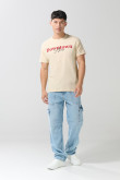 Camiseta kaki clara college con cuello redondo en algodón