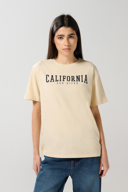 Camiseta kaki en algodón college con cuello redondo