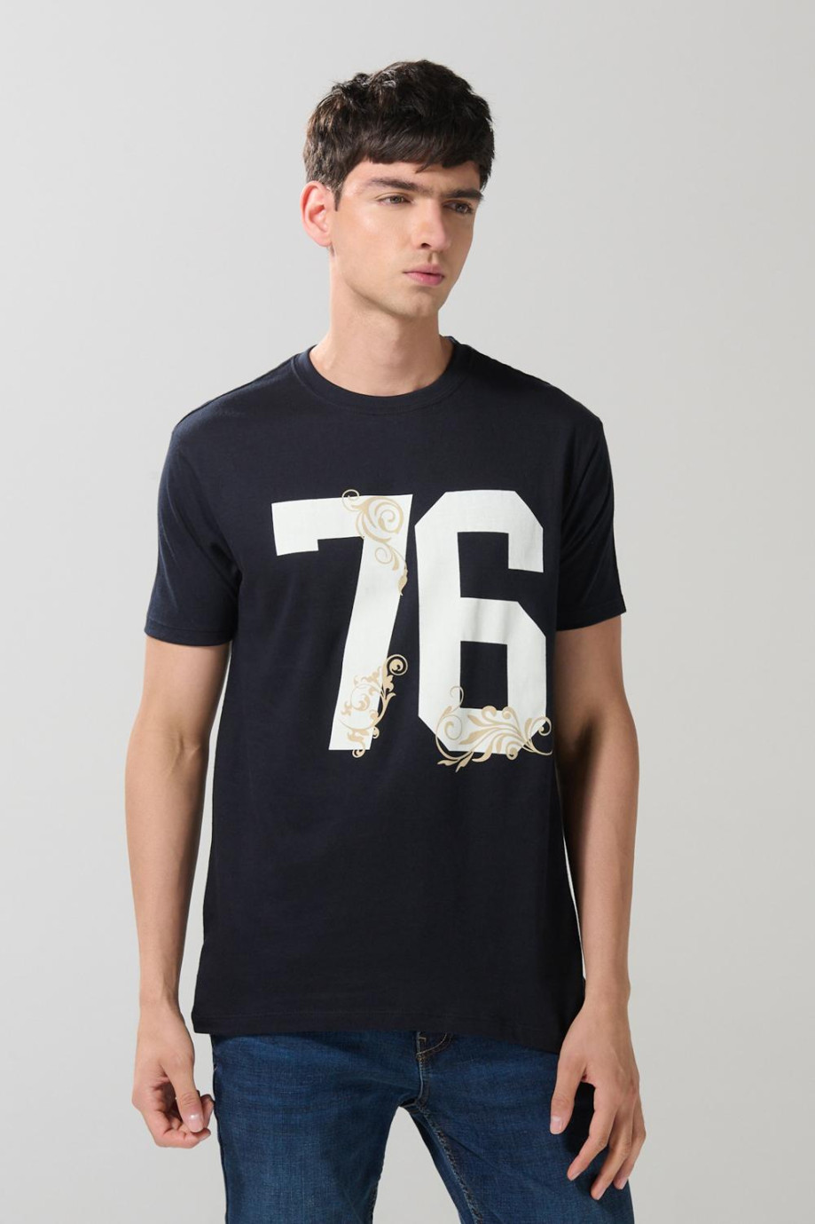 Camiseta azul intensa college en algodón manga corta