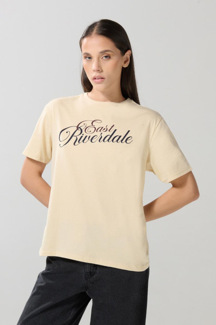 Camiseta kaki cuello redondo con texto college delantero