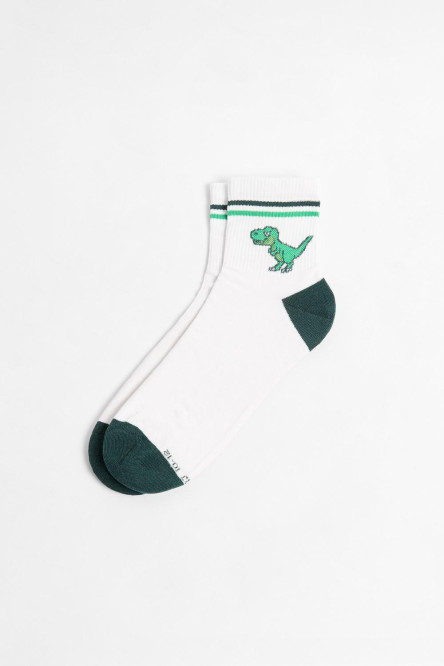 Medias cortas cremas claras con diseño de dinosaurio