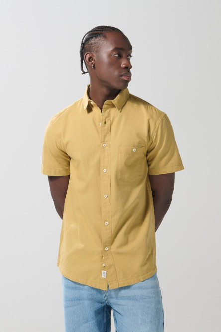 Camisa unicolor en algodón con botones y manga corta
