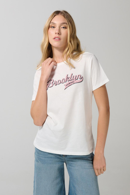Camiseta crema clara manga corta college holgada