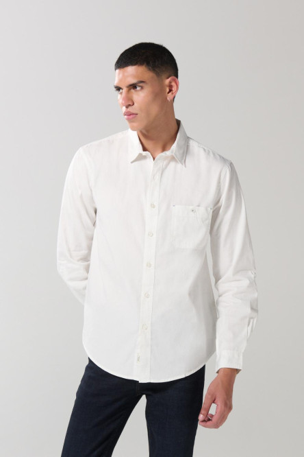 Camisa en algodón unicolor cuello sport collar con bolsillo