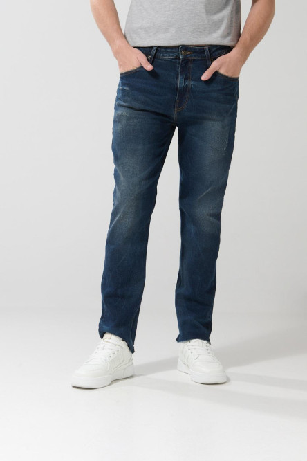 Jean azul oscuro straight leg con rotos y tiro bajo