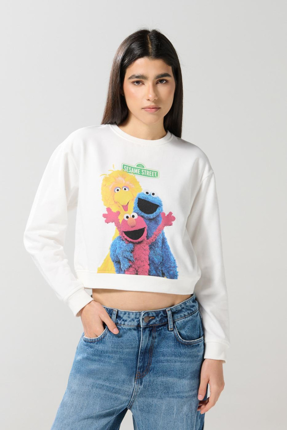 Buzo crema claro cuello redondo con arte de Plaza Sésamo