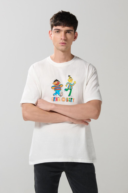 Camiseta manga corta crema con arte de Plaza Sésamo