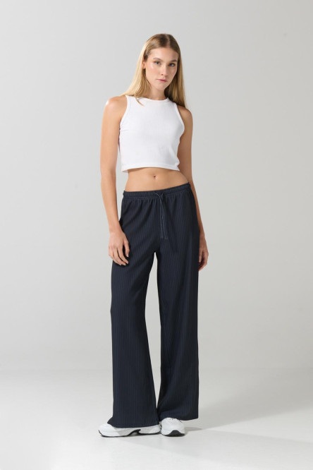 Pantalón azul palazzo con rayas, tiro alto y bota ancha
