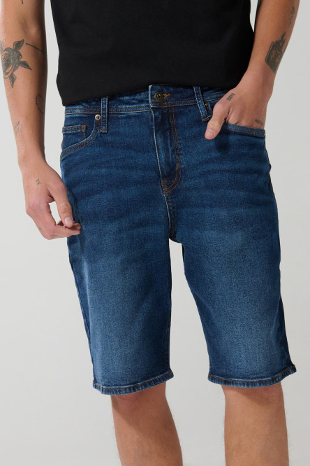 Bermuda en jean tiro bajo slim azul oscura con cremallera