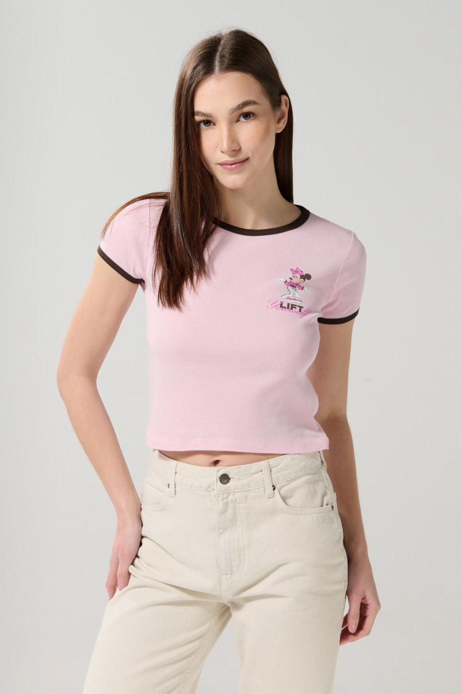 Camiseta de Minnie rosada manga corta con contrastes
