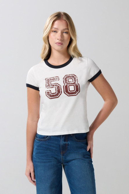 Camiseta cuello redondo crema college con contrastes