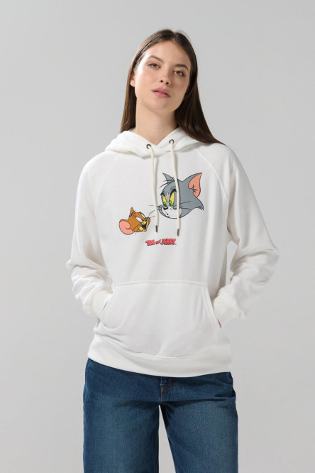 Buzo oversize de Tom y Jerry crema con capota y manga ranglan