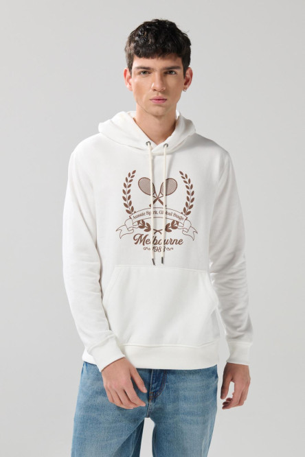 Buzo crema claro con diseño college y capota