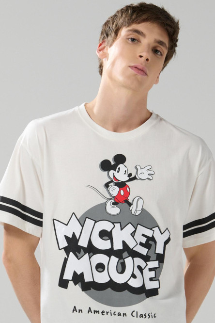 Camiseta crema cuello redondo oversize con arte de Mickey