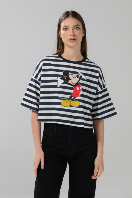 Camiseta a rayas oversize crema crop top con arte de Mickey