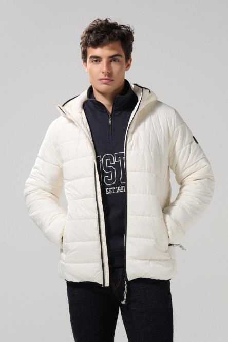 Chaqueta unicolor acolchada con capota y cremallera frontal