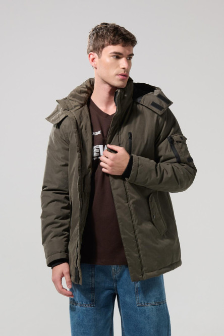 Chaqueta parka tipo unicolor con capota y bolsillo de tapa