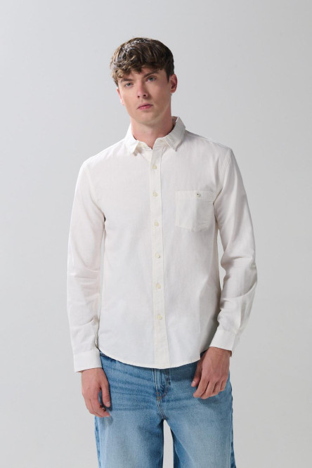 Camisa manga larga unicolor en algodón con bolsillo