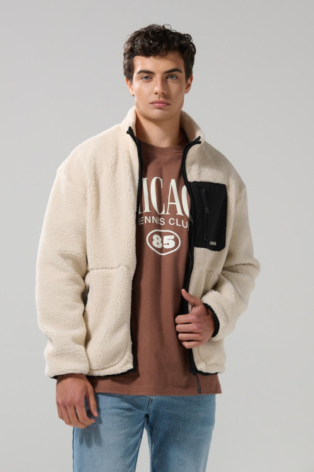 Chaqueta sherpa unicolor con bolsillos y cuello alto