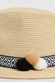 Sombrero fedora crema con cinta decorativa y pompones