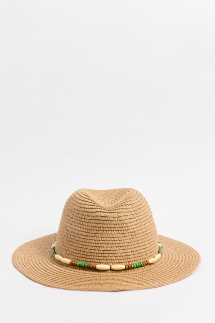 Sombrero fedora café claro con chaquiras de madera