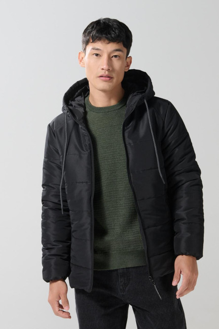 Chaqueta acolchada unicolor con capota y cordón