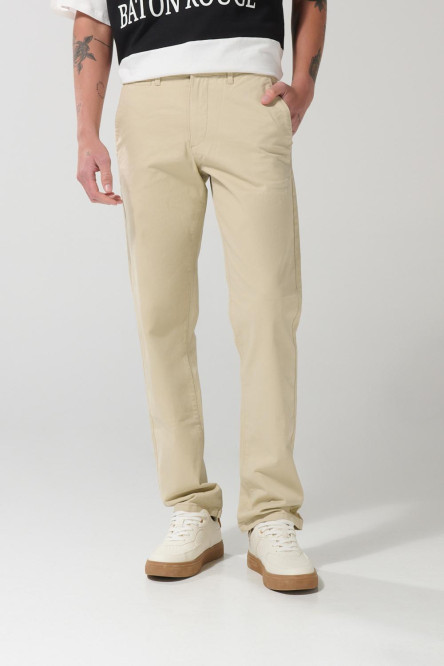 Pantalón slim unicolor en dril tiro medio con bolsillos