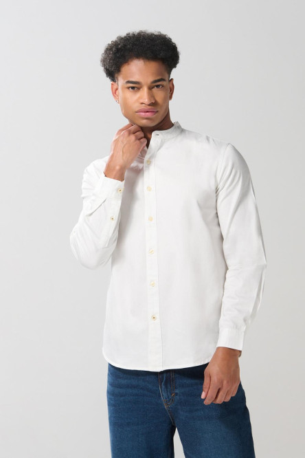 Camisa en algodón cuello nerú unicolor con manga larga