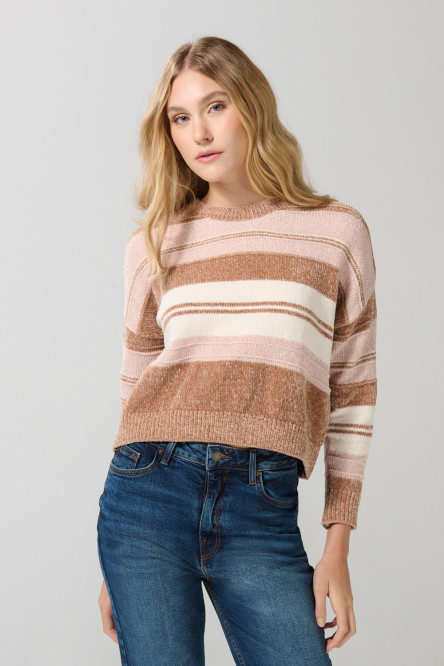 Suéter cuello redondo kaki con diseños de rayas