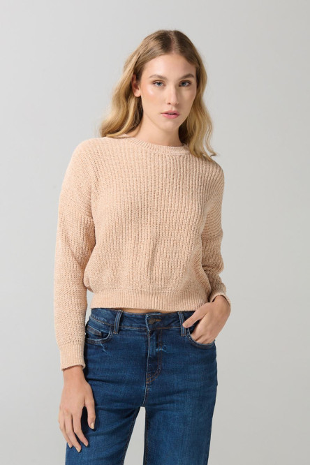 Suéter cuello redondo unicolor con hombro rodado