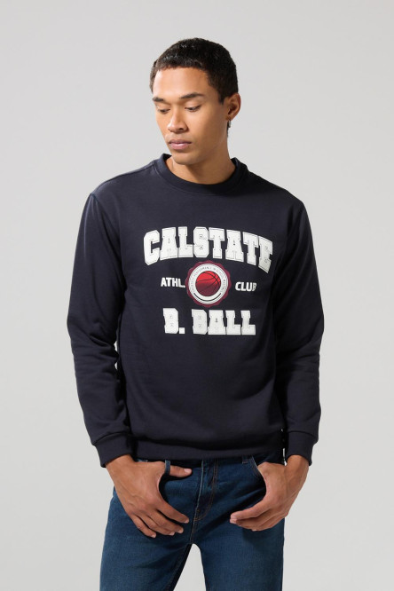 Buzo azul intenso con arte college y cuello redondo