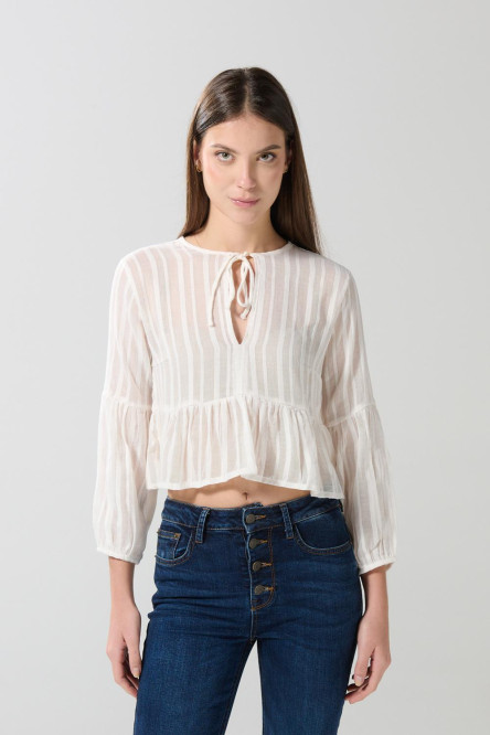 Blusa manga larga unicolor con fruncido en cintura