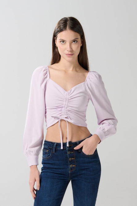 Blusa manga larga unicolor con recogido y escote V