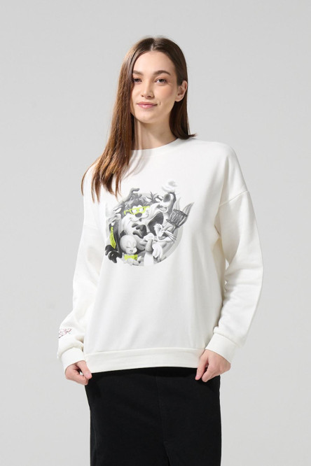 Buzo crema oversize de Looney Tunes con cuello redondo
